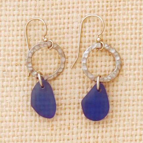 Circle Blue Seaglass Drop Earrings