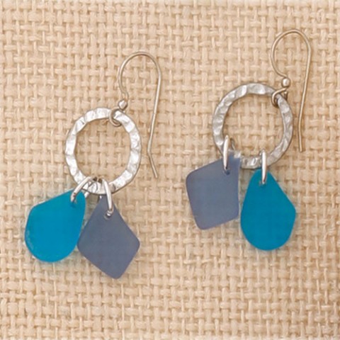 Circle Dbl. Drop Seaglass Earrings (Blue)